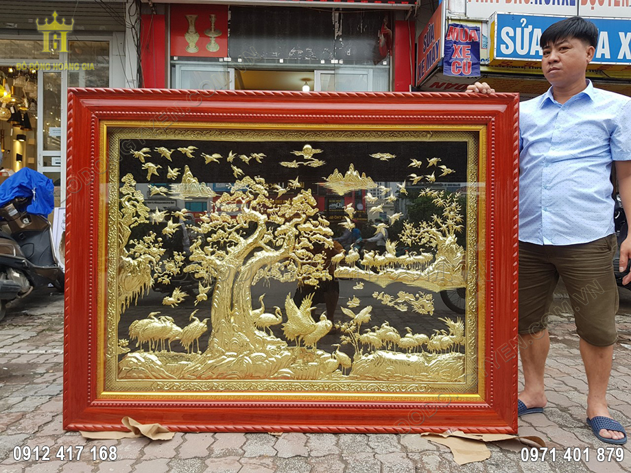 Tranh Đồng Song T&ugrave;ng B&aacute;ch Hạc Khung Gỗ Hương 1M76